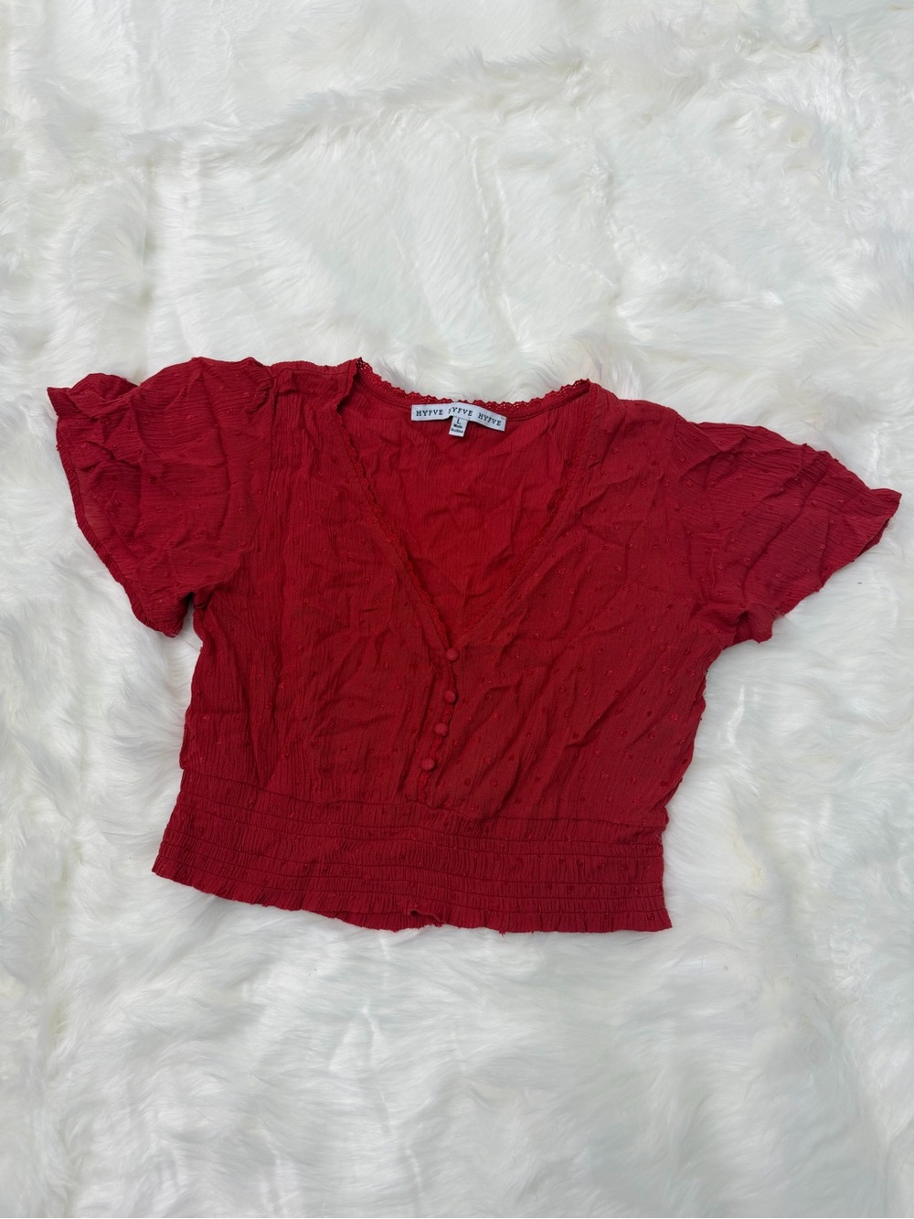 HYFVE Red V-Neck Button-Front Smocked Crop Top